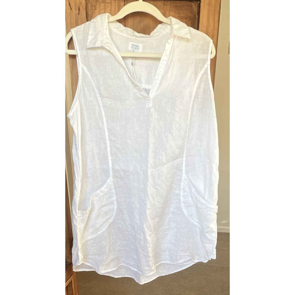 Sigrid Olsen Women's Linen Sleeveless Collared Tunic Blouse w/ Pockets L